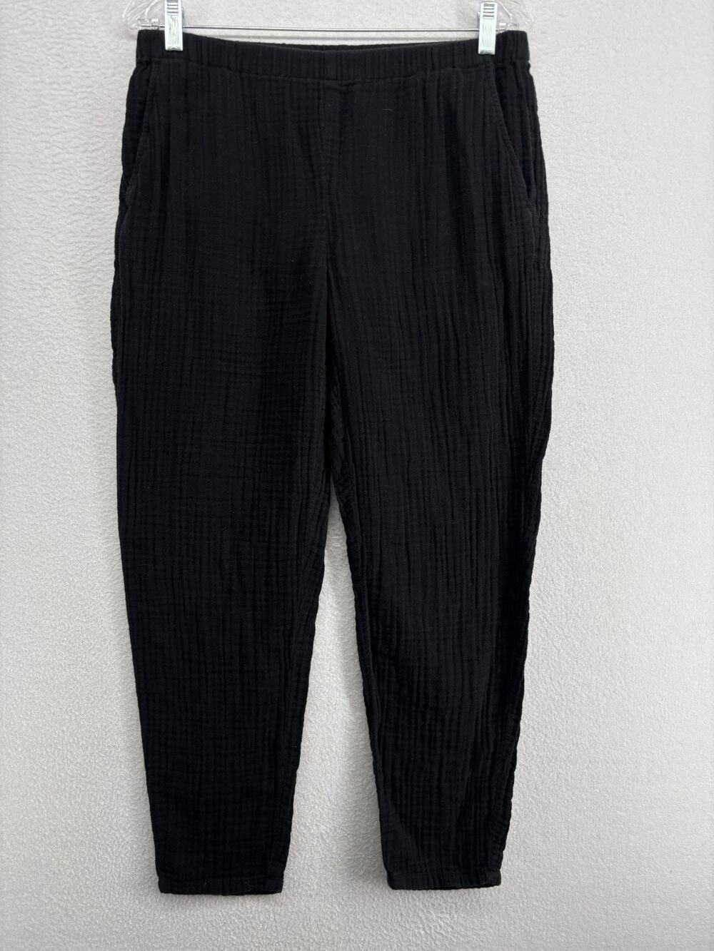 EILEEN FISHER Pants S Organic Cotton Crinkle Gauze Tapered Elastic Waist Black